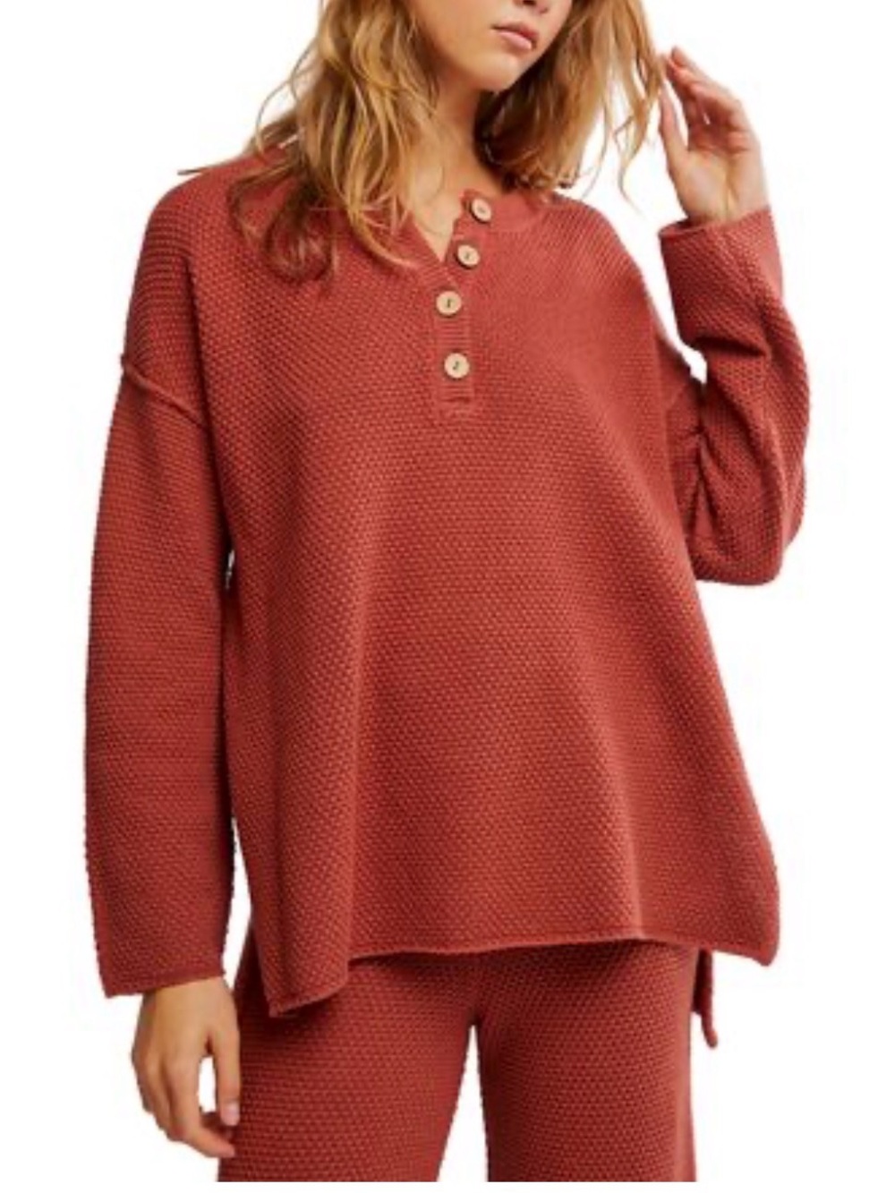 Free People Beach XS Hailee rust oversized waffle 1/2 button crew cotton tunic